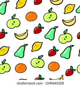 fruit pattern vector illustration; banana, apple, berry, orange, lemon