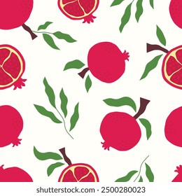 Fruit pattern. Vector seamless pattern with pomegranate and leaves. Abstract texture for fabric, packaging, wallpaper design.