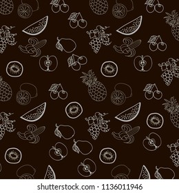 fruit pattern: watermelon, grape, kiwi, pineapple, Apple, cherry on black background