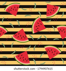 Fruit pattern with watermelon and leaves, vector illustration on a black background with a yellow stripe. print, texture, textile, design, decoration, background, Wallpaper