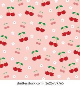 Fruit pattern.Cute cherry with white flower blossom isolated on pink background. Design for print or screen backdrop, Fabric and tile wallpaper.Cartoon fruits.Vector. Illustration.