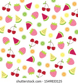 Fruit pattern.Cute fresh mix fruits (Cherry ,Strawberry ,Red and yellow watermelon ,Orange ,Lemon ,Lime slice) isolated on white background.Design for print screen backdrop ,Fabric and tile wallpaper.