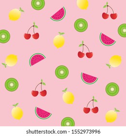 Fruit pattern.Cute fresh mix fruits (Lemon ,kiwi slice ,Cherry ,Watermelon) isolated on pink background.Design for print screen backdrop ,Fabric and tile wallpaper.Cartoon fruits.Summer concept.Vector