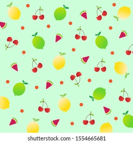 Fruit pattern.Cute fresh mix fruits (Lemon ,Lime ,Cherry ,Watermelon slice) isolated on green mint background.Design for print screen backdrop ,Fabric and tile wallpaper.Cartoon fruits.Summer concept.