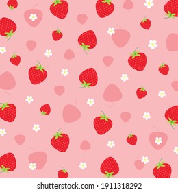 Fruit pattern.Cute fresh strawberry with cherry flower blossom isolated on pink background.Design for print or screen backdrop ,Fabric and tile wallpaper.Cartoon fruits.Vector.Illustration.