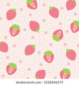 Fruit pattern.Cute fresh strawberry  with cherry flower blossom isolated on pink and white background.Design for print or screen backdrop ,Fabric and tile wallpaper.Cartoon fruits.Vector.Illustration.