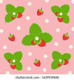Fruit pattern.Cute fresh strawberry with green leaf and flower blossom isolated on pink background.Design for print or screen backdrop ,Fabric and tile wallpaper.Cartoon fruits garden.Vector.