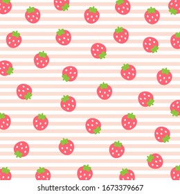 Fruit pattern.Cute fresh strawberry isolated on white and orange stripe background.Design for print or screen backdrop ,Fabric and tile wallpaper.Cartoon fruits.Vector.Illustration.