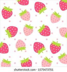 Fruit pattern.Cute fresh strawberry with pink polka dot isolated on white background.Design for print screen backdrop ,Fabric and tile wallpaper.Cartoon fruits. 