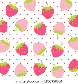 Fruit pattern.Cute fresh strawberry with pink polka dot isolated on white background.Design for print screen backdrop ,Fabric and tile wallpaper.Cartoon fruits. 