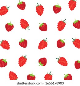 Fruit pattern.Cute fresh strawberry and raspberry isolated on white background.Design for print or screen backdrop ,fabric and tile wallpaper.Cartoon fruits.Vector.Illustration.