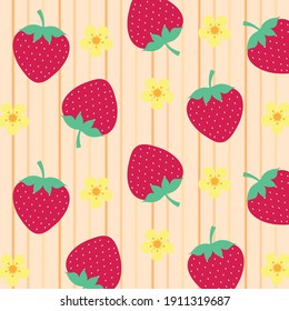 Fruit Pattern.Cute Fresh Strawberry With Yellow Cherry Flower Blossom Isolated On Orange Background.Design For Print Or Screen Backdrop ,Fabric And Tile Wallpaper.Cartoon Fruits.Vector.Illustration.