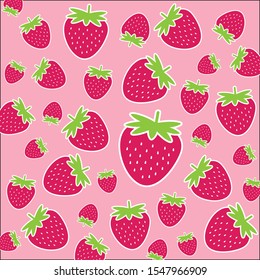 Fruit pattern.Cute red strawberry with white outline stroke isolated on pink pastel background.Design for print screen backdrop ,Fabric and tile wallpaper.Cartoon fruits. 