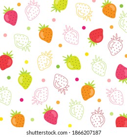 Fruit pattern.Cute strawberry with colorful polka dot isolated on white background.Design for print screen backdrop ,Fabric and tile wallpaper.Cartoon fruits.