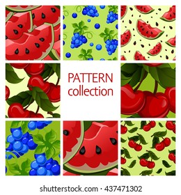 Fruit patterns seamless collection. Red Watermelon,blue grapes, fresh juicy cherry. Vector illustration.
