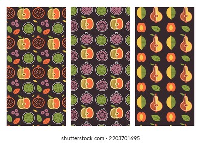 Fruit patterns. Set of vector seamless backgrounds with citrus fruits, berries, slices in flat style. Clip arts on vegetarian, vegan, healthy nutrition theme for wrapping paper, wallpaper, textile.