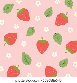 Fruit pattern.Vector seamless pattern with red strawberry, flowers and leaves. Design for print screen backdrop ,Fabric and tile wallpaper.Cartoon fruits. 