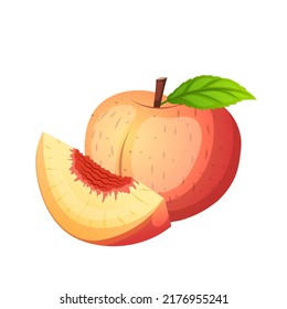 fruit peach cartoon vector. juicy nectarine, fresh slice, yellow orange food, red leaf, cut organic fruit peach. isolated color illustration