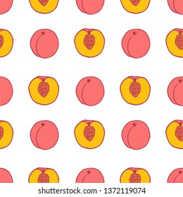 Fruit peach seamless pattern, great design for any purposes. Hand drawn fabric texture pattern. Healthy food background. Vector flat style summer graphic. On white background.