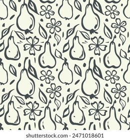 Fruit Pear hand drawn seamless pattern. Doodle ink paint brush stroke flower, monochrome rough line silhouettes illustration. Transparent background. Vector