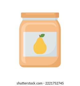 Fruit pear jam in glass jar. Bottle with preserve, canning. Vector illustration