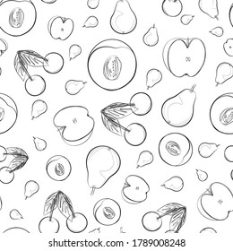 Fruit (pear, peach, cherry, apple) seamless pattern line vector illustration for stationary, wallpaper, fabric, textile, wrapping paper etc.