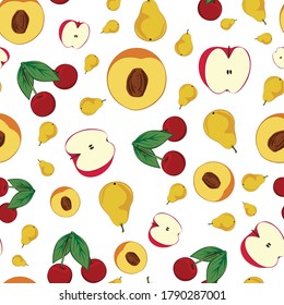Fruit (pear, peach, cherry, apple) seamless pattern vector illustration for stationary, wallpaper, fabric etc.