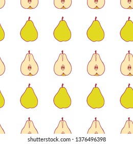 Fruit pear seamless pattern, great design for any purposes. Hand drawn fabric texture pattern. Healthy food background. Vector flat style summer graphic. On white background.