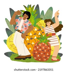 Fruit And People Themed Illustration. Miniature Hawaiian In Cute Outfits Standing Beside Pineapples And Its Slices.