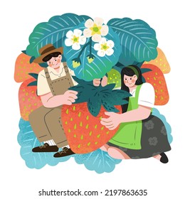 Fruit and people themed illustration. Miniature boy and girl in cute outfits holding a strawberry. They are squatting, kneeilng down together under leaves of strawberries in the back.