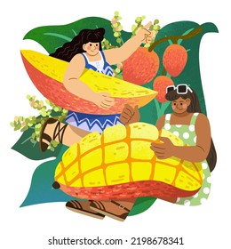 Fruit and people themed illustration. Miniature girls in summer dresses holding cut mango with peel.