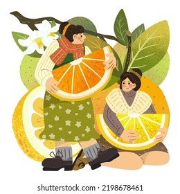 Fruit and people themed illustration. Miniature girls in winter outfit holding citrus slices with oranges in the back.