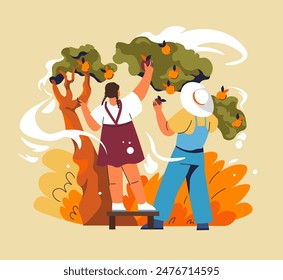 Recogida de frutas en la escena del huerto