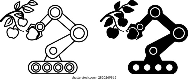 Fruit Picking Robotic Arm Icons. Line and Glyph Vector Illustrations. Mechanical Robotic Arm Picking Apples. Agrotechnology and Smart Farming Concept
