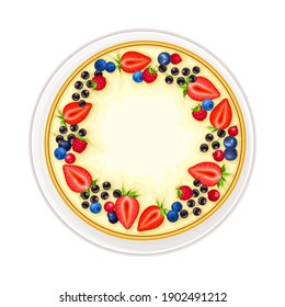 Fruit Pie or Cheesecake as Sugary Dessert with Berries Rested on Plate Vector Illustration