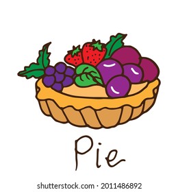 fruit pie illustration on white background. fresh fruit, blueberry, strawberry and grapes with cake and cream cheese. hand drawn vector. doodle art for wallpaper, poster, logo, label, clipart, advert.