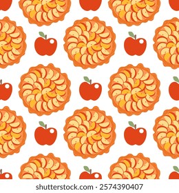 Fruit pie seamless pattern. Pattern for Hello Autumn, Thanksgiving Day. World Pie Day or bakery design . Baking, pastry vector illustration in flat style