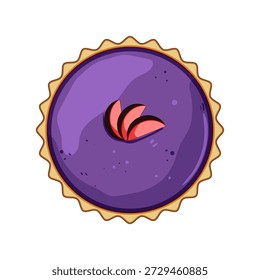Tarte de torta de frutas com um recheio roxo suave e fatias de frutas decorativas, apresentando uma deliciosa sobremesa ou lanche doce de uma perspectiva aérea