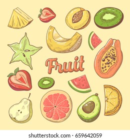 Fruit Pieces Hand Drawn Doodle with Papaya, Watermelon and Pineapple. Natural Food. Vector illustration