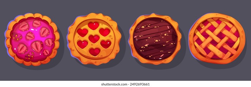 Fruit pies top view set isolated on background. Vector cartoon illustration of fresh baked strawberry, cherry, chocolate tarts decorated with jam hearts, homemade cake cooked for party, menu icons