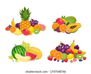 Fruit pile set. Vector illustration of banners with various tropical fruits isolated on  white background. Fresh food in cartoon flat style.