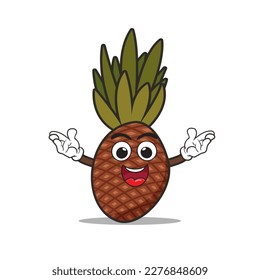 caricatura de mascota de piña frutera con las manos arriba y sonrisa divertida. ilustración vectorial