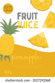 Fruit pineapple juice packaging design. Ripe pineapple with leaves card template. Sweet pineapple fruit vector hand drawn poster design. Bright tropical fruit. Juice or jam banner for farm market.
