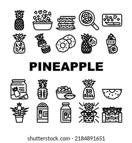 fruit pineapple slice cut food icons set vector. white fresh tropical yellow sweet ananas, leaf, piece summer juicy half ripe dessert fruit pineapple slice cut food black contour illustrations