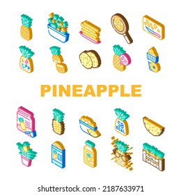 fruit pineapple slice cut food icons set vector. white fresh tropical yellow sweet ananas, leaf, piece summer juicy half ripe dessert fruit pineapple slice cut food isometric sign illustrations