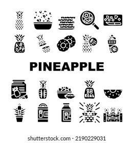 fruit pineapple slice cut food icons set vector. white fresh tropical yellow sweet ananas, leaf, piece summer juicy half ripe dessert fruit pineapple slice cut food glyph pictogram Illustrations