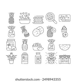 fruit pineapple slice cut food icons set vector. white fresh tropical yellow sweet ananas, leaf, piece summer juicy half ripe dessert fruit pineapple slice cut food black contour illustrations