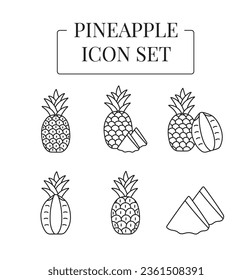 Fruit Pineapple whole and half, cut into slices, set of line icons in vector