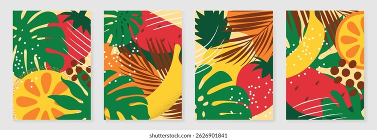 Fruit and Plant playful creative poster background vector. Modern wallpaper with monstera, strawberry, pineapple, tropical leaf. Design for home deco, wall art, packaging plant-based drinks.
