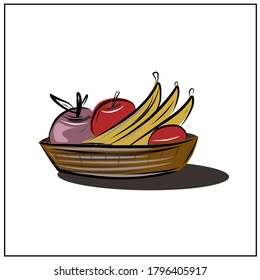 The fruit plate. Apples. Bananas. Vegan. Food. Furniture for the kitchen. Furniture. Kitchen. Interior. Set about design and everyday objects. Isolated vector objects.